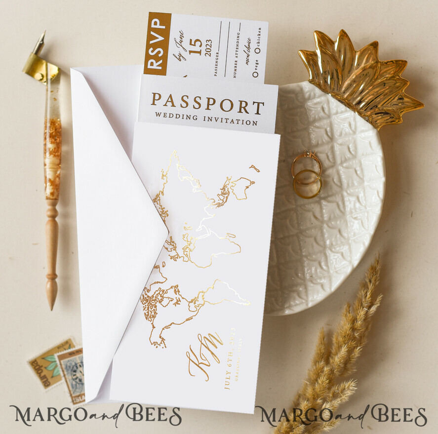 WEDDING INVITATIONS passport to love/ beach wedding invites White Gold Passport Wedding Invitation, Golden Plane Wedding Cards Boarding Pass, Tuscany Passport Wedding Invitations Abroad, Destination Wedding Invites, Travel Map Wedding Stationary