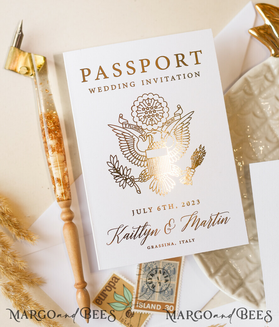 WEDDING INVITATIONS passport to love/ beach wedding invites White Gold Passport Wedding Invitation, Golden Plane Wedding Cards Boarding Pass, Tuscany Passport Wedding Invitations Abroad, Destination Wedding Invites, Travel Map Wedding Stationary