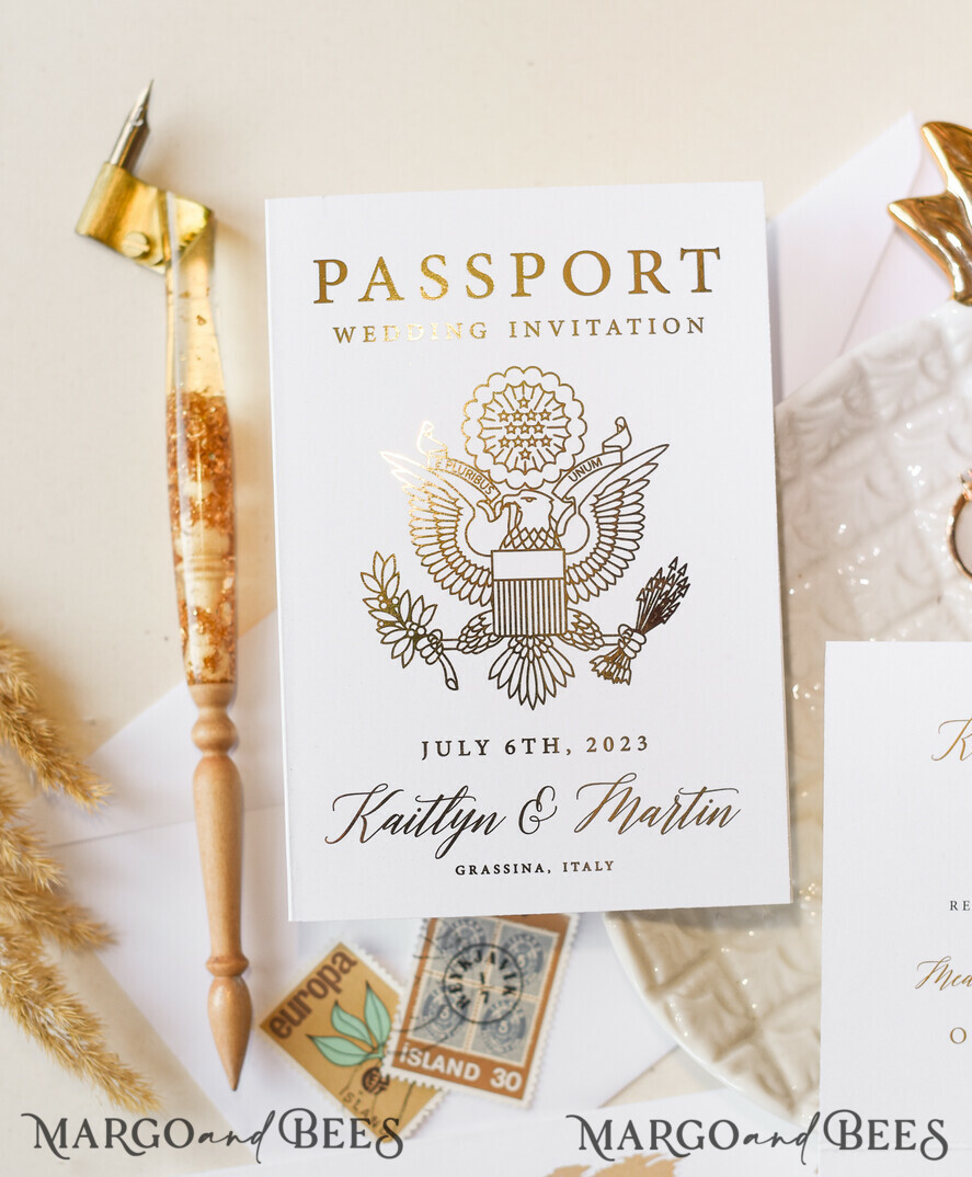 WEDDING INVITATIONS passport to love/ beach wedding invites White Gold Passport Wedding Invitation, Golden Plane Wedding Cards Boarding Pass, Tuscany Passport Wedding Invitations Abroad, Destination Wedding Invites, Travel Map Wedding Stationary