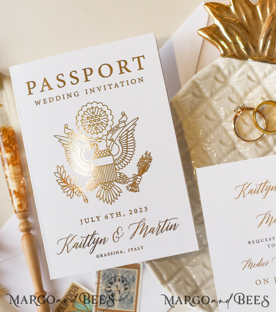 WEDDING INVITATIONS passport to love/ beach wedding invites White Gold Passport Wedding Invitation, Golden Plane Wedding Cards Boarding Pass, Tuscany Passport Wedding Invitations Abroad, Destination Wedding Invites, Travel Map Wedding Stationary