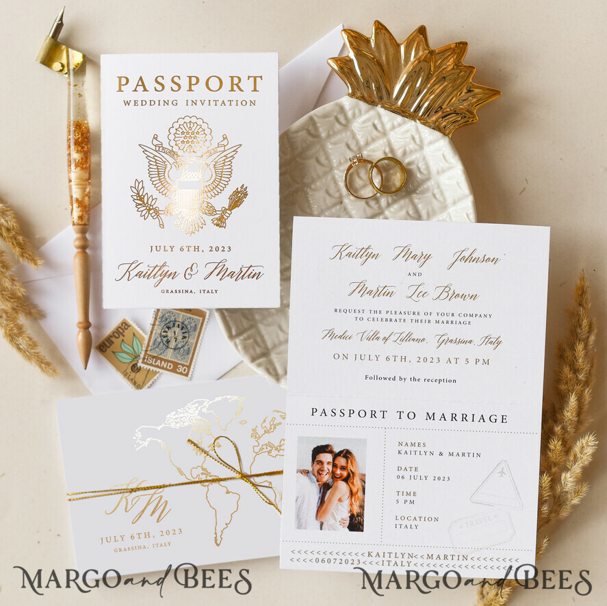 WEDDING INVITATIONS passport to love/ beach wedding invites White Gold Passport Wedding Invitation, Golden Plane Wedding Cards Boarding Pass, Tuscany Passport Wedding Invitations Abroad, Destination Wedding Invites, Travel Map Wedding Stationary