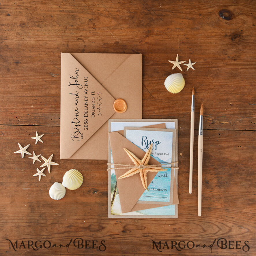 WEDDING INVITATIONS passport to love/ beach wedding invites Tropical beach Wedding Invitations, Starfish Watercolor Seaside Wedding Invites, Mexico Wedding Cards