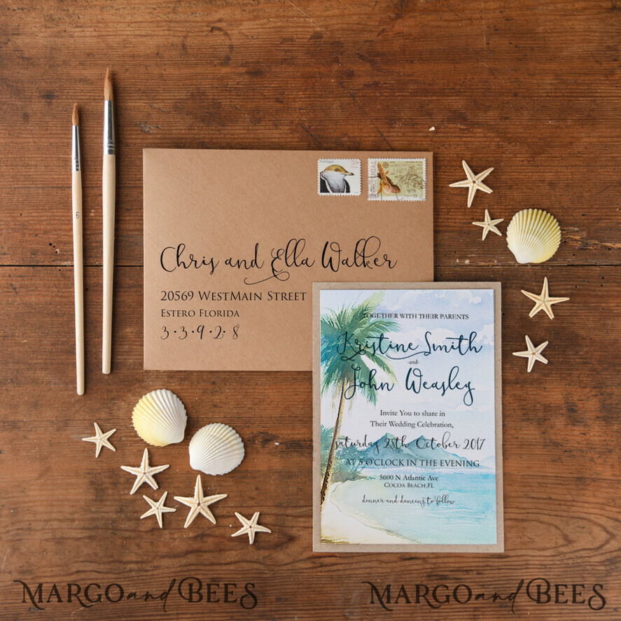 WEDDING INVITATIONS passport to love/ beach wedding invites Tropical beach Wedding Invitations, Starfish Watercolor Seaside Wedding Invites, Mexico Wedding Cards