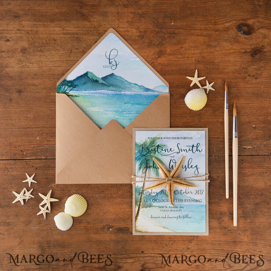 WEDDING INVITATIONS passport to love/ beach wedding invites Tropical beach Wedding Invitations, Starfish Watercolor Seaside Wedding Invites, Mexico Wedding Cards