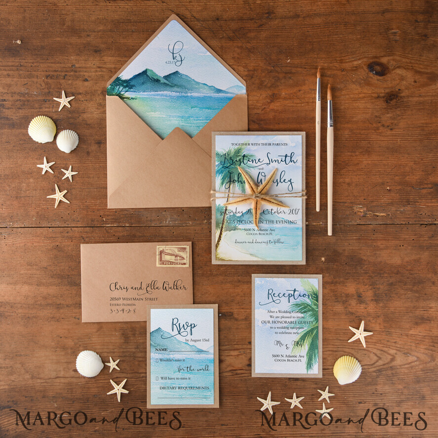 WEDDING INVITATIONS passport to love/ beach wedding invites Tropical beach Wedding Invitations, Starfish Watercolor Seaside Wedding Invites, Mexico Wedding Cards