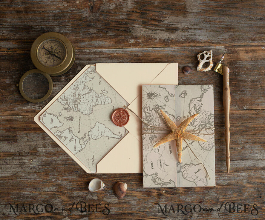 WEDDING INVITATIONS passport to love/ beach wedding invites Beach Wedding invitations Vellum wrapping Wedding Invites with Old Map Starfish wedding Cards