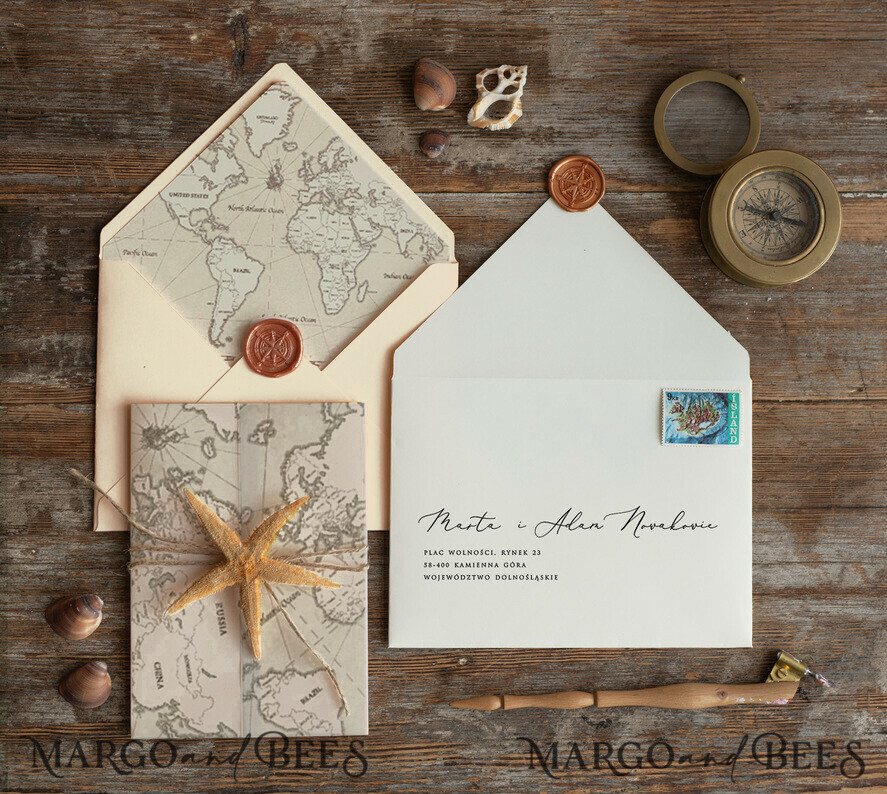 WEDDING INVITATIONS passport to love/ beach wedding invites Beach Wedding invitations Vellum wrapping Wedding Invites with Old Map Starfish wedding Cards