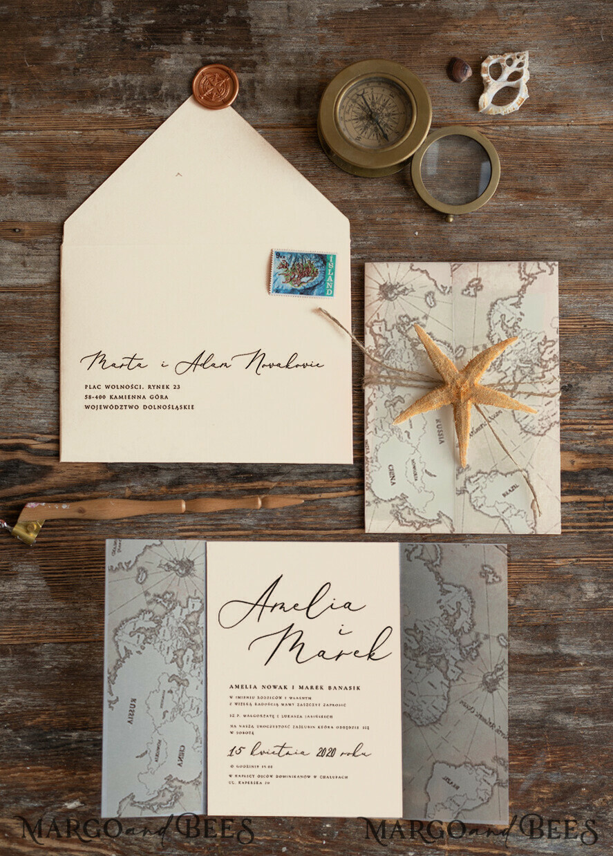 WEDDING INVITATIONS passport to love/ beach wedding invites Beach Wedding invitations Vellum wrapping Wedding Invites with Old Map Starfish wedding Cards