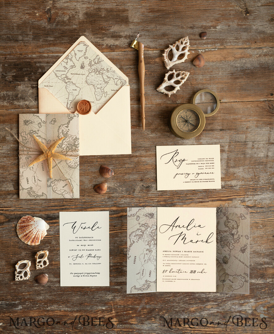 WEDDING INVITATIONS passport to love/ beach wedding invites Beach Wedding invitations Vellum wrapping Wedding Invites with Old Map Starfish wedding Cards