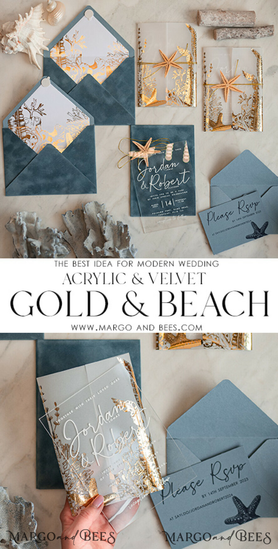 WEDDING INVITATIONS passport to love/ beach wedding invites Beach Acrylic Wedding invitations Vellum Gold wrapping Wedding Invites with starfish Beach wedding Cards Velvet Envelope