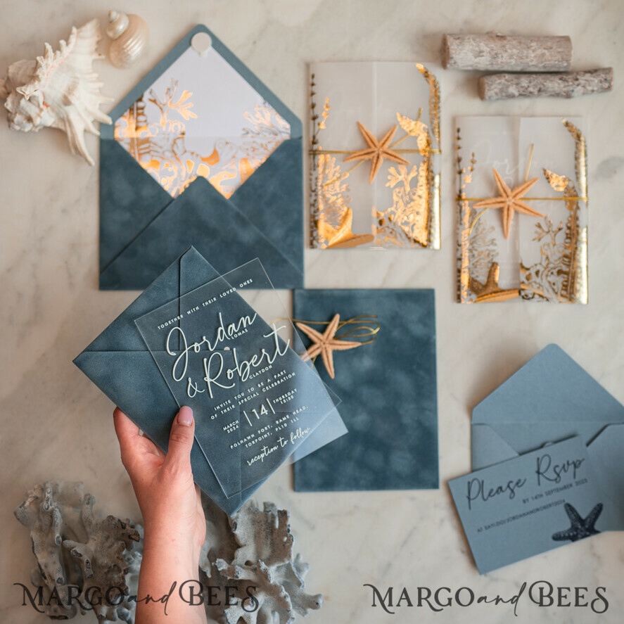 WEDDING INVITATIONS passport to love/ beach wedding invites Beach Acrylic Wedding invitations Vellum Gold wrapping Wedding Invites with starfish Beach wedding Cards Velvet Envelope