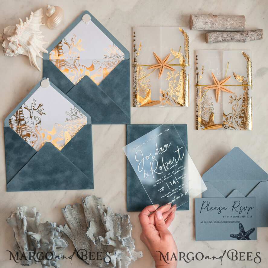 WEDDING INVITATIONS passport to love/ beach wedding invites Beach Acrylic Wedding invitations Vellum Gold wrapping Wedding Invites with starfish Beach wedding Cards Velvet Envelope