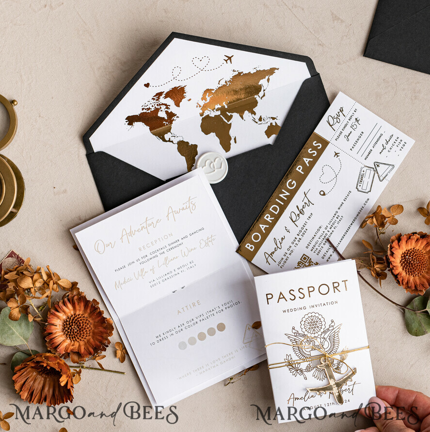 WEDDING INVITATIONS passport to love/ beach wedding invites Gold White Black Passport Wedding Invitation, Golden Wedding Cards Boarding Pass, Travel Passport Wedding Invitations Abroad, Destination Wedding Invites, Travel Map Wedding Stationary