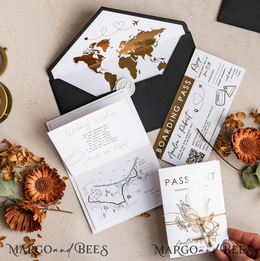 WEDDING INVITATIONS passport to love/ beach wedding invites Gold White Black Passport Wedding Invitation, Golden Wedding Cards Boarding Pass, Travel Passport Wedding Invitations Abroad, Destination Wedding Invites, Travel Map Wedding Stationary