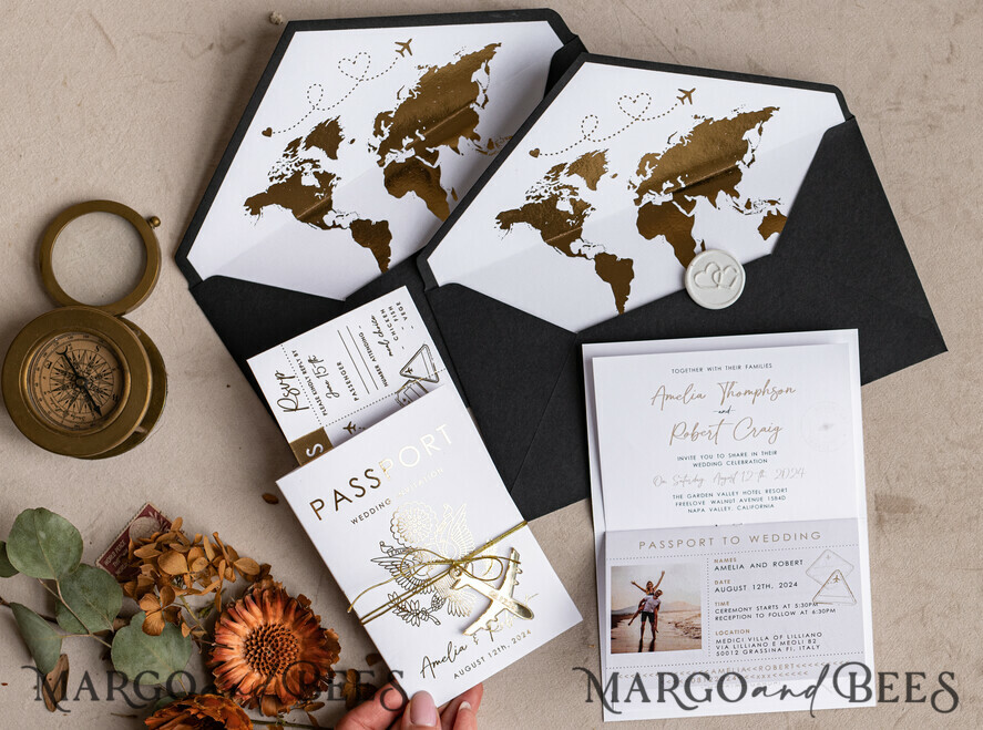 WEDDING INVITATIONS passport to love/ beach wedding invites Gold White Black Passport Wedding Invitation, Golden Wedding Cards Boarding Pass, Travel Passport Wedding Invitations Abroad, Destination Wedding Invites, Travel Map Wedding Stationary