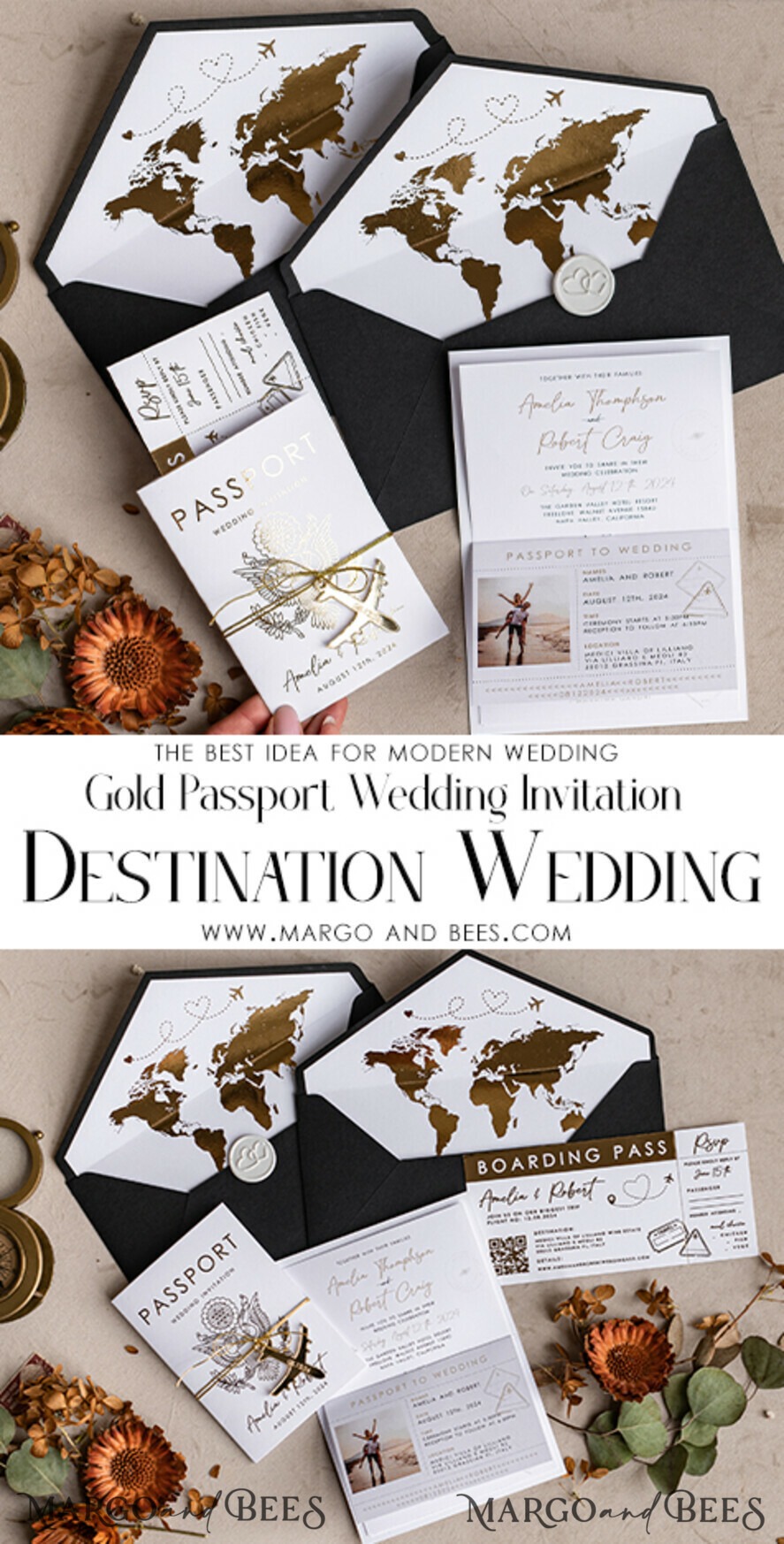 WEDDING INVITATIONS passport to love/ beach wedding invites Gold White Black Passport Wedding Invitation, Golden Wedding Cards Boarding Pass, Travel Passport Wedding Invitations Abroad, Destination Wedding Invites, Travel Map Wedding Stationary