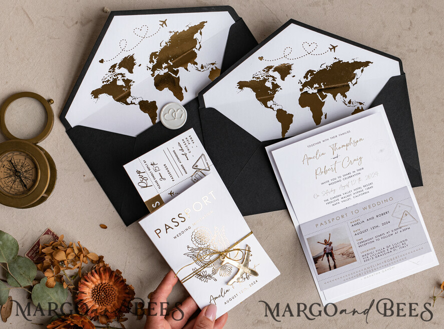WEDDING INVITATIONS passport to love/ beach wedding invites Gold White Black Passport Wedding Invitation, Golden Wedding Cards Boarding Pass, Travel Passport Wedding Invitations Abroad, Destination Wedding Invites, Travel Map Wedding Stationary