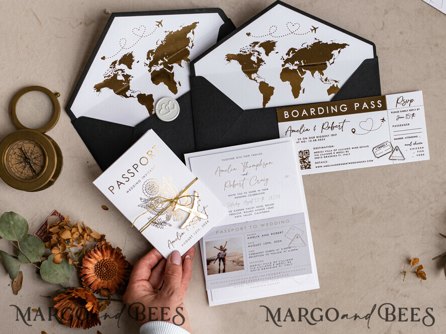WEDDING INVITATIONS passport to love/ beach wedding invites Gold White Black Passport Wedding Invitation, Golden Wedding Cards Boarding Pass, Travel Passport Wedding Invitations Abroad, Destination Wedding Invites, Travel Map Wedding Stationary