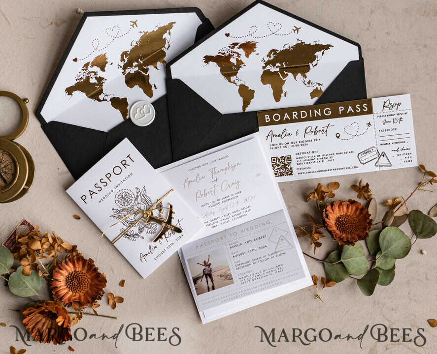 WEDDING INVITATIONS passport to love/ beach wedding invites Gold White Black Passport Wedding Invitation, Golden Wedding Cards Boarding Pass, Travel Passport Wedding Invitations Abroad, Destination Wedding Invites, Travel Map Wedding Stationary