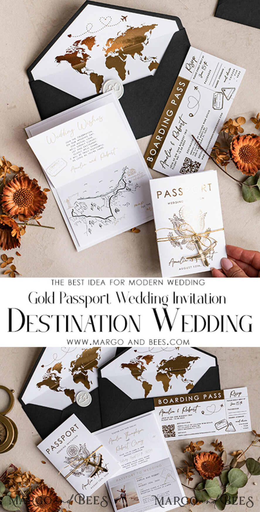 WEDDING INVITATIONS passport to love/ beach wedding invites Gold White Black Passport Wedding Invitation, Golden Wedding Cards Boarding Pass, Travel Passport Wedding Invitations Abroad, Destination Wedding Invites, Travel Map Wedding Stationary