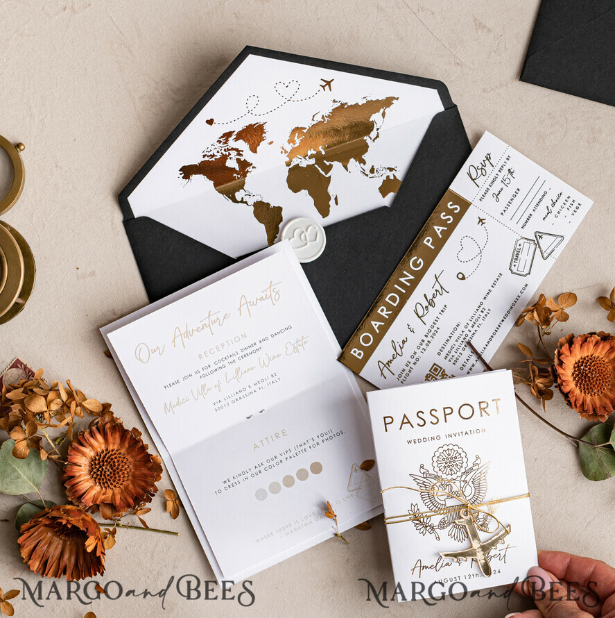 WEDDING INVITATIONS passport to love/ beach wedding invites Gold White Black Passport Wedding Invitation, Golden Wedding Cards Boarding Pass, Travel Passport Wedding Invitations Abroad, Destination Wedding Invites, Travel Map Wedding Stationary