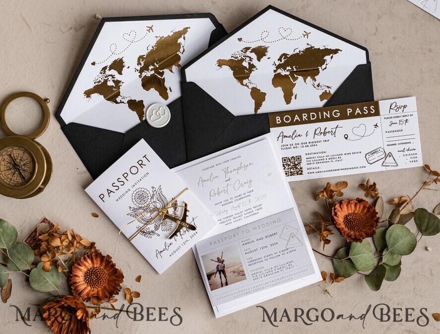 WEDDING INVITATIONS passport to love/ beach wedding invites Gold White Black Passport Wedding Invitation, Golden Wedding Cards Boarding Pass, Travel Passport Wedding Invitations Abroad, Destination Wedding Invites, Travel Map Wedding Stationary