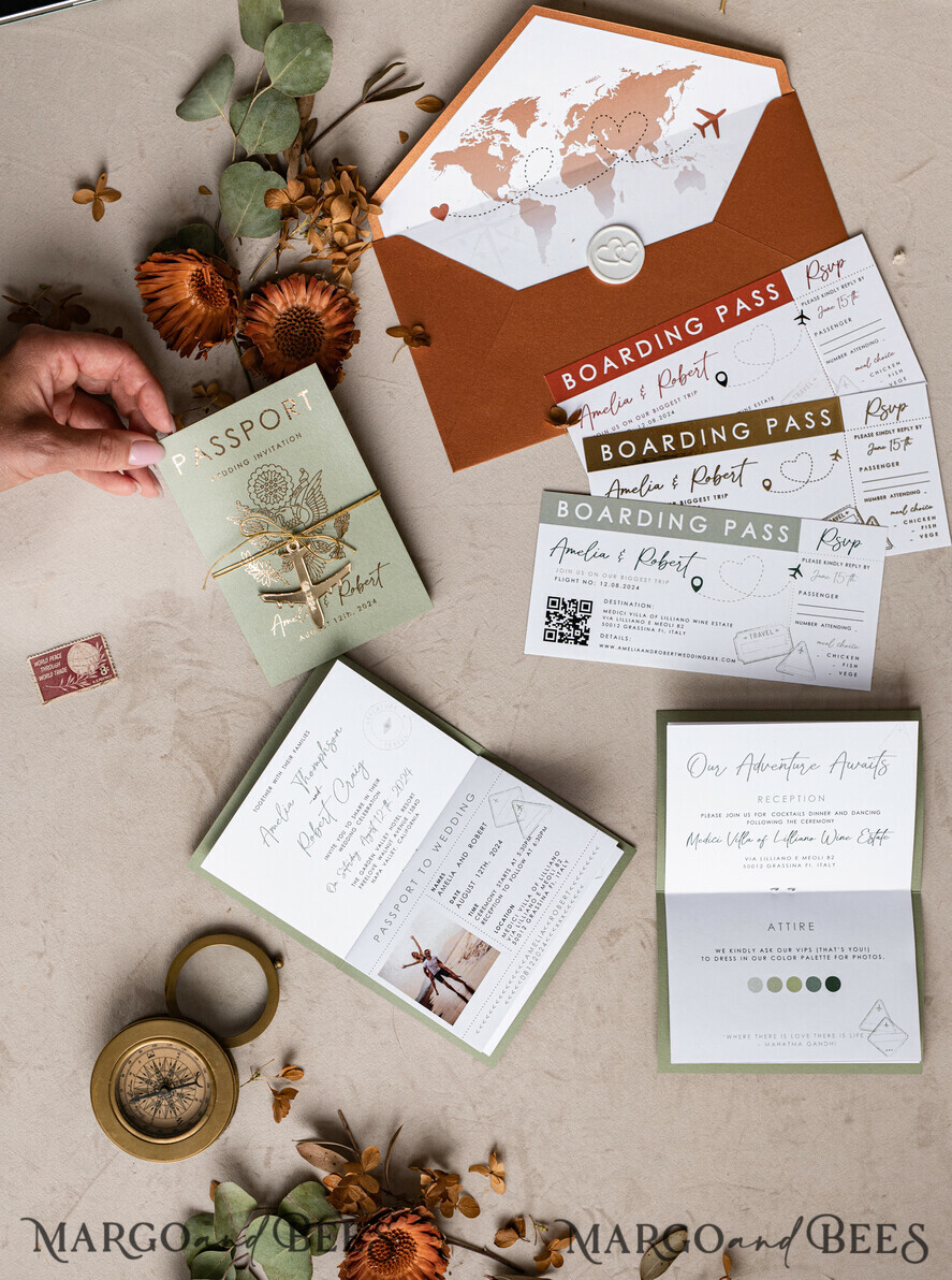 WEDDING INVITATIONS passport to love/ beach wedding invites Sage Green terracotta Passport Wedding Invitation, Burnt Orange Gold Wedding Cards Boarding Pass, Tuscany Passport Wedding Invitations Abroad, Destination Wedding Invites, Travel Map Wedding Stationary