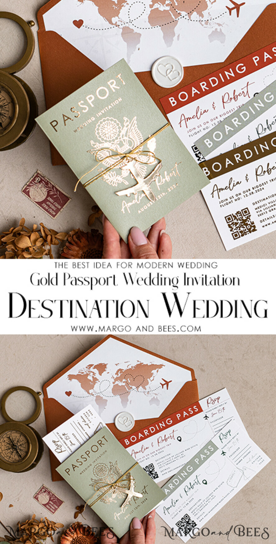 WEDDING INVITATIONS passport to love/ beach wedding invites Sage Green terracotta Passport Wedding Invitation, Burnt Orange Gold Wedding Cards Boarding Pass, Tuscany Passport Wedding Invitations Abroad, Destination Wedding Invites, Travel Map Wedding Stationary