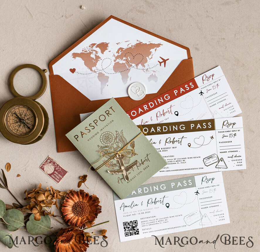 WEDDING INVITATIONS passport to love/ beach wedding invites Sage Green terracotta Passport Wedding Invitation, Burnt Orange Gold Wedding Cards Boarding Pass, Tuscany Passport Wedding Invitations Abroad, Destination Wedding Invites, Travel Map Wedding Stationary