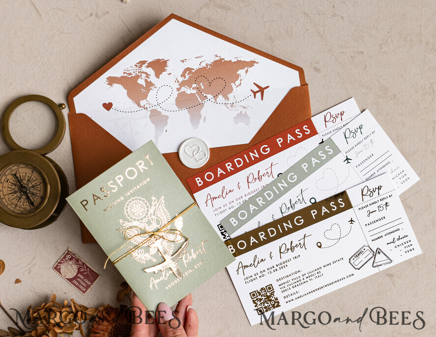 WEDDING INVITATIONS passport to love/ beach wedding invites Sage Green terracotta Passport Wedding Invitation, Burnt Orange Gold Wedding Cards Boarding Pass, Tuscany Passport Wedding Invitations Abroad, Destination Wedding Invites, Travel Map Wedding Stationary