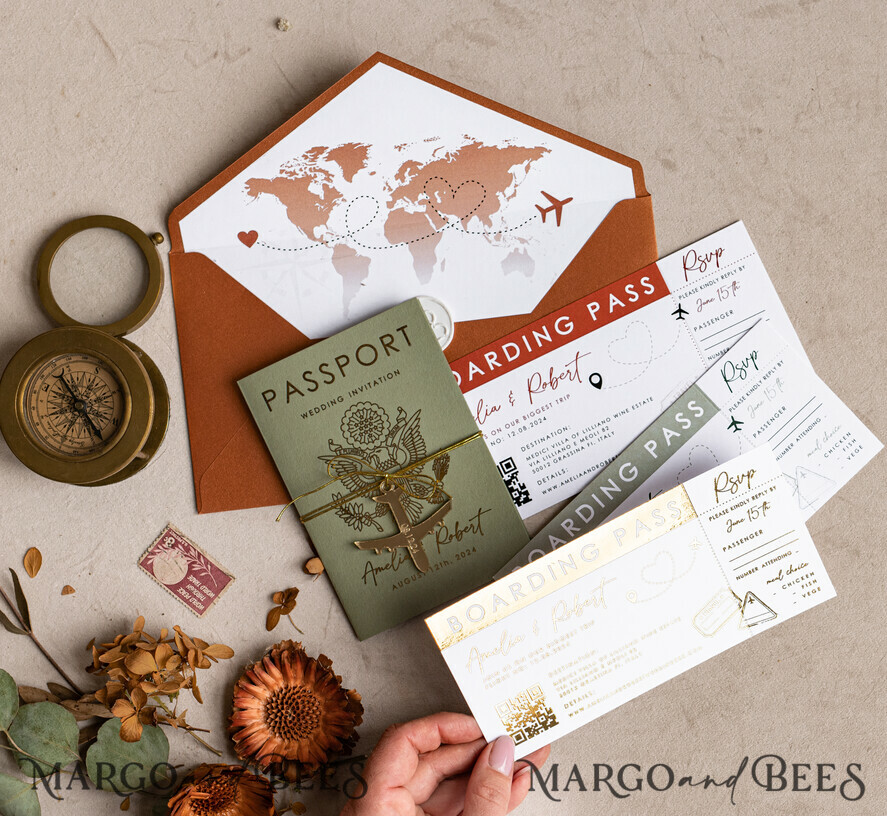 WEDDING INVITATIONS passport to love/ beach wedding invites Sage Green terracotta Passport Wedding Invitation, Burnt Orange Gold Wedding Cards Boarding Pass, Tuscany Passport Wedding Invitations Abroad, Destination Wedding Invites, Travel Map Wedding Stationary
