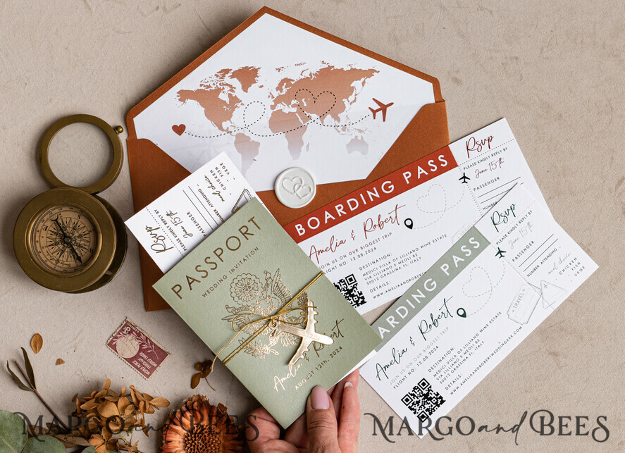 WEDDING INVITATIONS passport to love/ beach wedding invites Sage Green terracotta Passport Wedding Invitation, Burnt Orange Gold Wedding Cards Boarding Pass, Tuscany Passport Wedding Invitations Abroad, Destination Wedding Invites, Travel Map Wedding Stationary