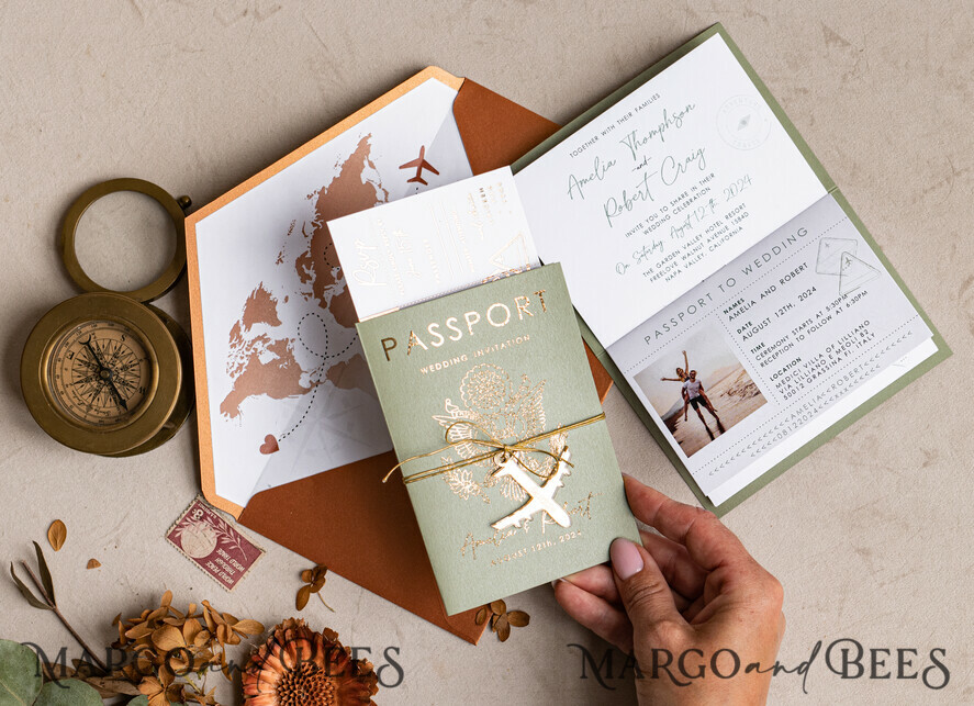 WEDDING INVITATIONS passport to love/ beach wedding invites Sage Green terracotta Passport Wedding Invitation, Burnt Orange Gold Wedding Cards Boarding Pass, Tuscany Passport Wedding Invitations Abroad, Destination Wedding Invites, Travel Map Wedding Stationary