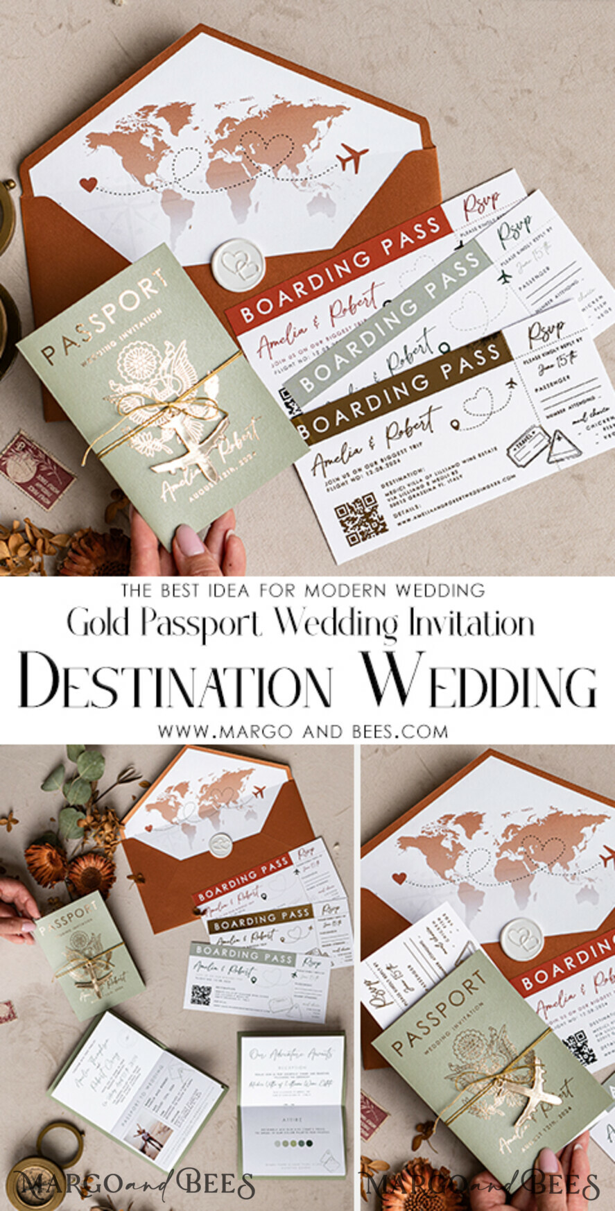 WEDDING INVITATIONS passport to love/ beach wedding invites Sage Green terracotta Passport Wedding Invitation, Burnt Orange Gold Wedding Cards Boarding Pass, Tuscany Passport Wedding Invitations Abroad, Destination Wedding Invites, Travel Map Wedding Stationary