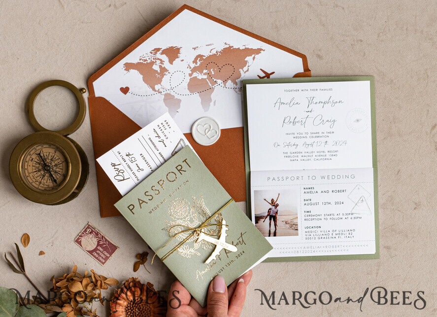 WEDDING INVITATIONS passport to love/ beach wedding invites Sage Green terracotta Passport Wedding Invitation, Burnt Orange Gold Wedding Cards Boarding Pass, Tuscany Passport Wedding Invitations Abroad, Destination Wedding Invites, Travel Map Wedding Stationary