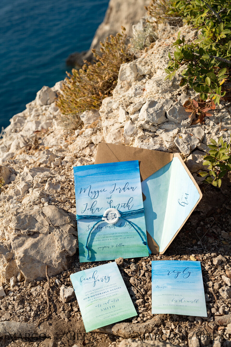 WEDDING INVITATIONS passport to love/ beach wedding invites Watercolor beach Wedding Invitations, Minimalist Watercolor Seaside Wedding Invites, Greek Wedding Cards wih twine and wax seal