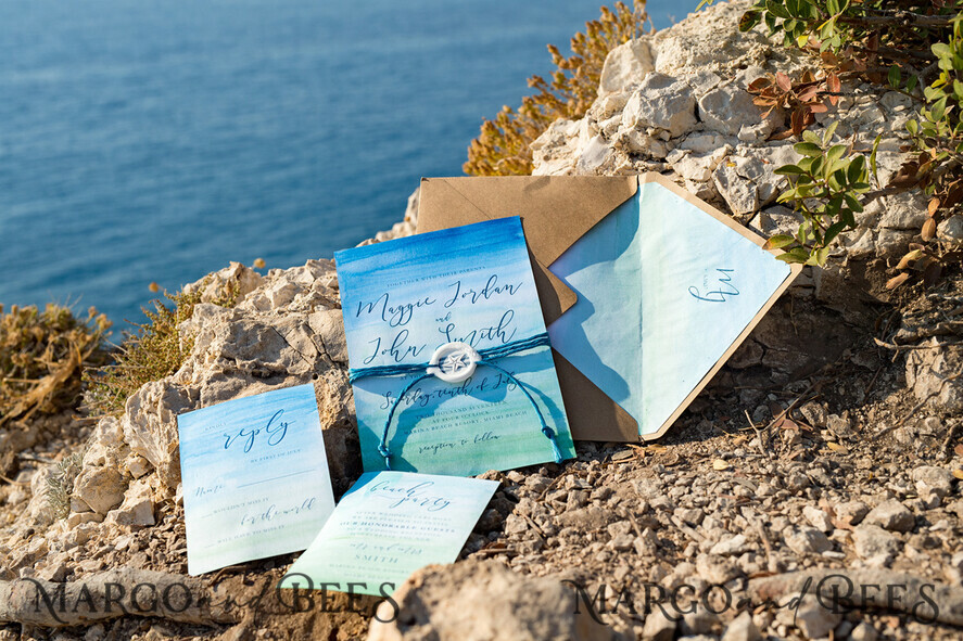 WEDDING INVITATIONS passport to love/ beach wedding invites Watercolor beach Wedding Invitations, Minimalist Watercolor Seaside Wedding Invites, Greek Wedding Cards wih twine and wax seal