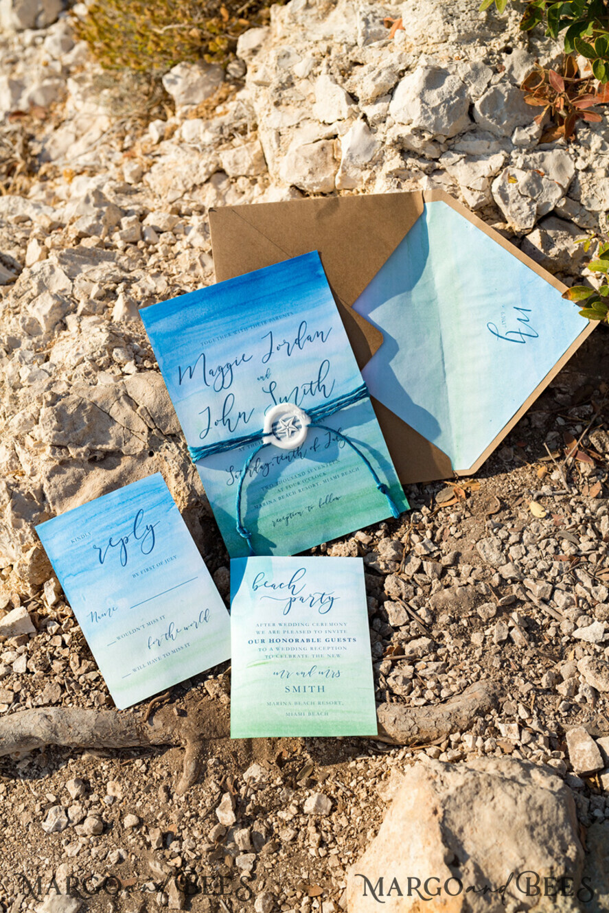 WEDDING INVITATIONS passport to love/ beach wedding invites Watercolor beach Wedding Invitations, Minimalist Watercolor Seaside Wedding Invites, Greek Wedding Cards wih twine and wax seal