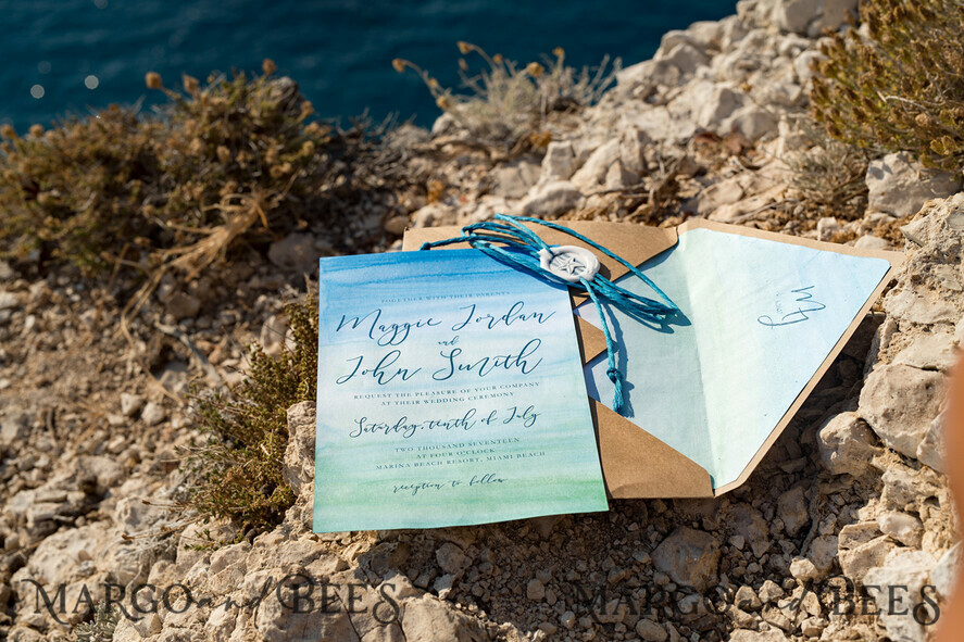 WEDDING INVITATIONS passport to love/ beach wedding invites Watercolor beach Wedding Invitations, Minimalist Watercolor Seaside Wedding Invites, Greek Wedding Cards wih twine and wax seal