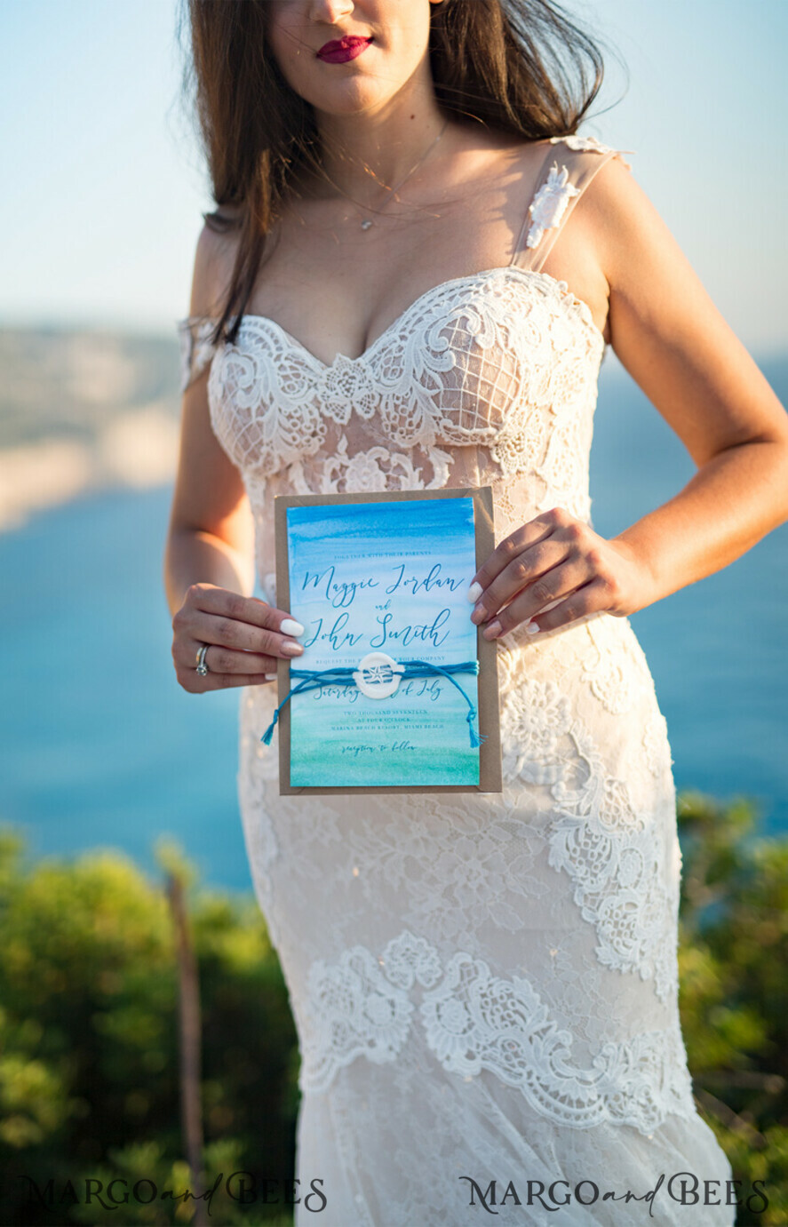 WEDDING INVITATIONS passport to love/ beach wedding invites Watercolor beach Wedding Invitations, Minimalist Watercolor Seaside Wedding Invites, Greek Wedding Cards wih twine and wax seal