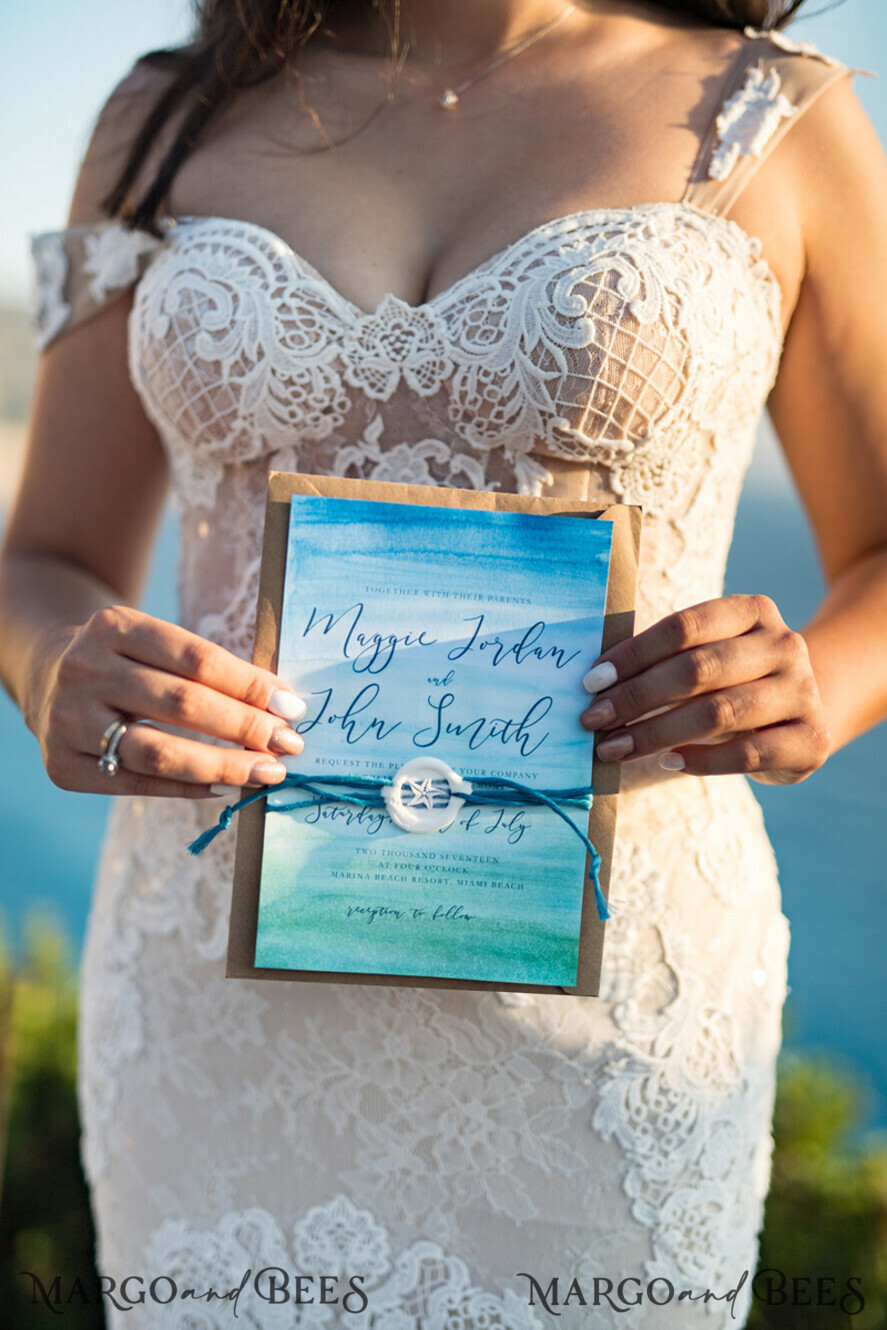 WEDDING INVITATIONS passport to love/ beach wedding invites Watercolor beach Wedding Invitations, Minimalist Watercolor Seaside Wedding Invites, Greek Wedding Cards wih twine and wax seal
