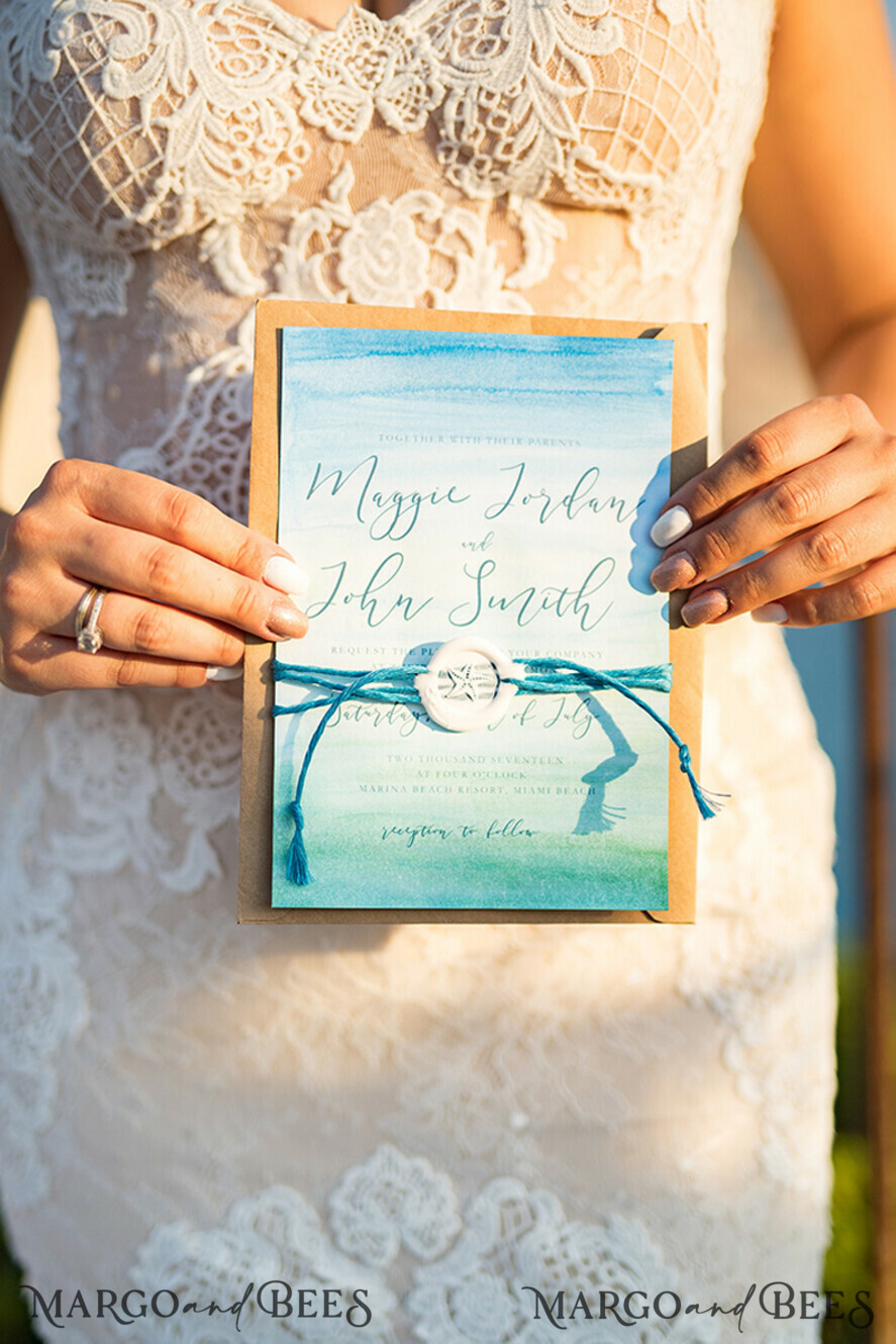 WEDDING INVITATIONS passport to love/ beach wedding invites Watercolor beach Wedding Invitations, Minimalist Watercolor Seaside Wedding Invites, Greek Wedding Cards wih twine and wax seal