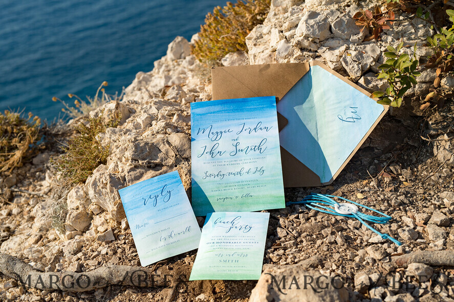 WEDDING INVITATIONS passport to love/ beach wedding invites Watercolor beach Wedding Invitations, Minimalist Watercolor Seaside Wedding Invites, Greek Wedding Cards wih twine and wax seal