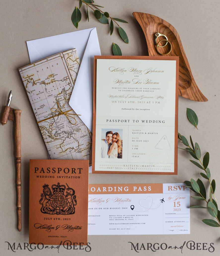 WEDDING INVITATIONS passport to love/ beach wedding invites Terracotta Passport Wedding Invitation , Wedding Cards Boarding Pass, Passport Wedding Invitations Abroad, Destination Wedding Invites, Travel Map Wedding Stationary