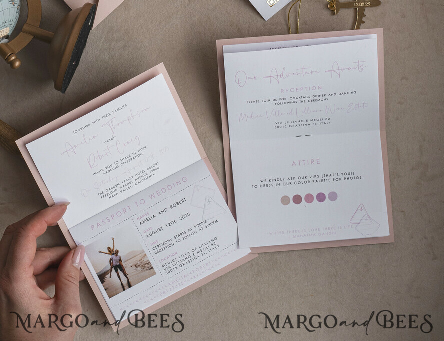 WEDDING INVITATIONS passport to love/ beach wedding invites Gold Bluh pink Passport Wedding Invitation, Golden Wedding Cards Boarding Pass, Travel Passport Wedding Invitations Abroad, Destination Wedding Invites, Travel Map Wedding Stationary