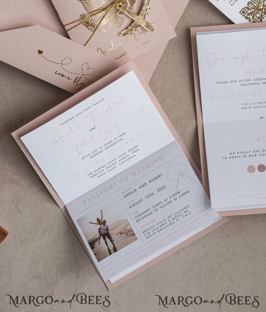 WEDDING INVITATIONS passport to love/ beach wedding invites Gold Bluh pink Passport Wedding Invitation, Golden Wedding Cards Boarding Pass, Travel Passport Wedding Invitations Abroad, Destination Wedding Invites, Travel Map Wedding Stationary