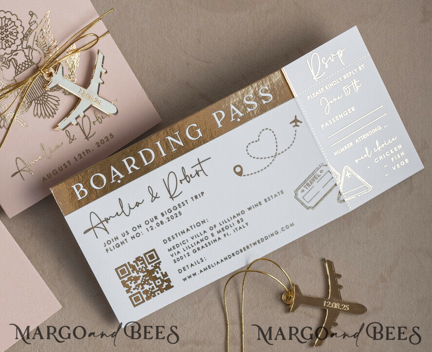 WEDDING INVITATIONS passport to love/ beach wedding invites Gold Bluh pink Passport Wedding Invitation, Golden Wedding Cards Boarding Pass, Travel Passport Wedding Invitations Abroad, Destination Wedding Invites, Travel Map Wedding Stationary