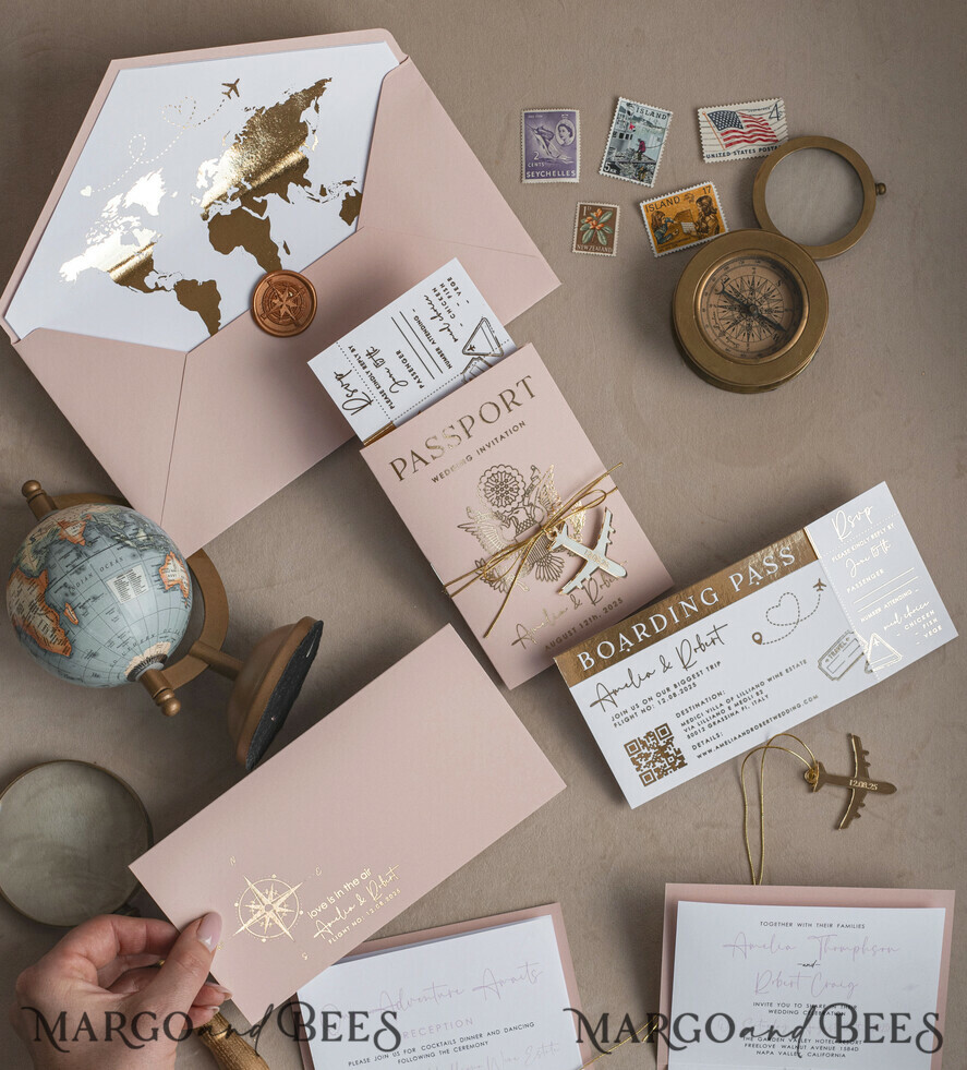 WEDDING INVITATIONS passport to love/ beach wedding invites Gold Bluh pink Passport Wedding Invitation, Golden Wedding Cards Boarding Pass, Travel Passport Wedding Invitations Abroad, Destination Wedding Invites, Travel Map Wedding Stationary