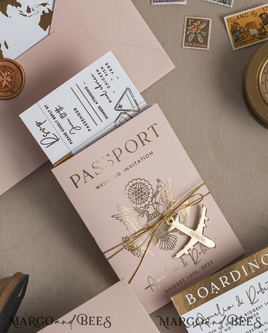 WEDDING INVITATIONS passport to love/ beach wedding invites Gold Bluh pink Passport Wedding Invitation, Golden Wedding Cards Boarding Pass, Travel Passport Wedding Invitations Abroad, Destination Wedding Invites, Travel Map Wedding Stationary