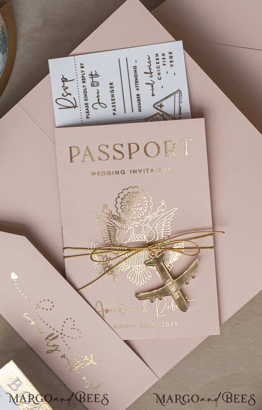 WEDDING INVITATIONS passport to love/ beach wedding invites Gold Bluh pink Passport Wedding Invitation, Golden Wedding Cards Boarding Pass, Travel Passport Wedding Invitations Abroad, Destination Wedding Invites, Travel Map Wedding Stationary